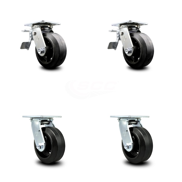 6 Inch Rubber on Steel Caster Set with Ball Bearing 2 Total Lock Brake SCC